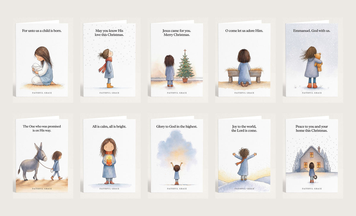 All ten Faithful Grace Christmas card designs laid out