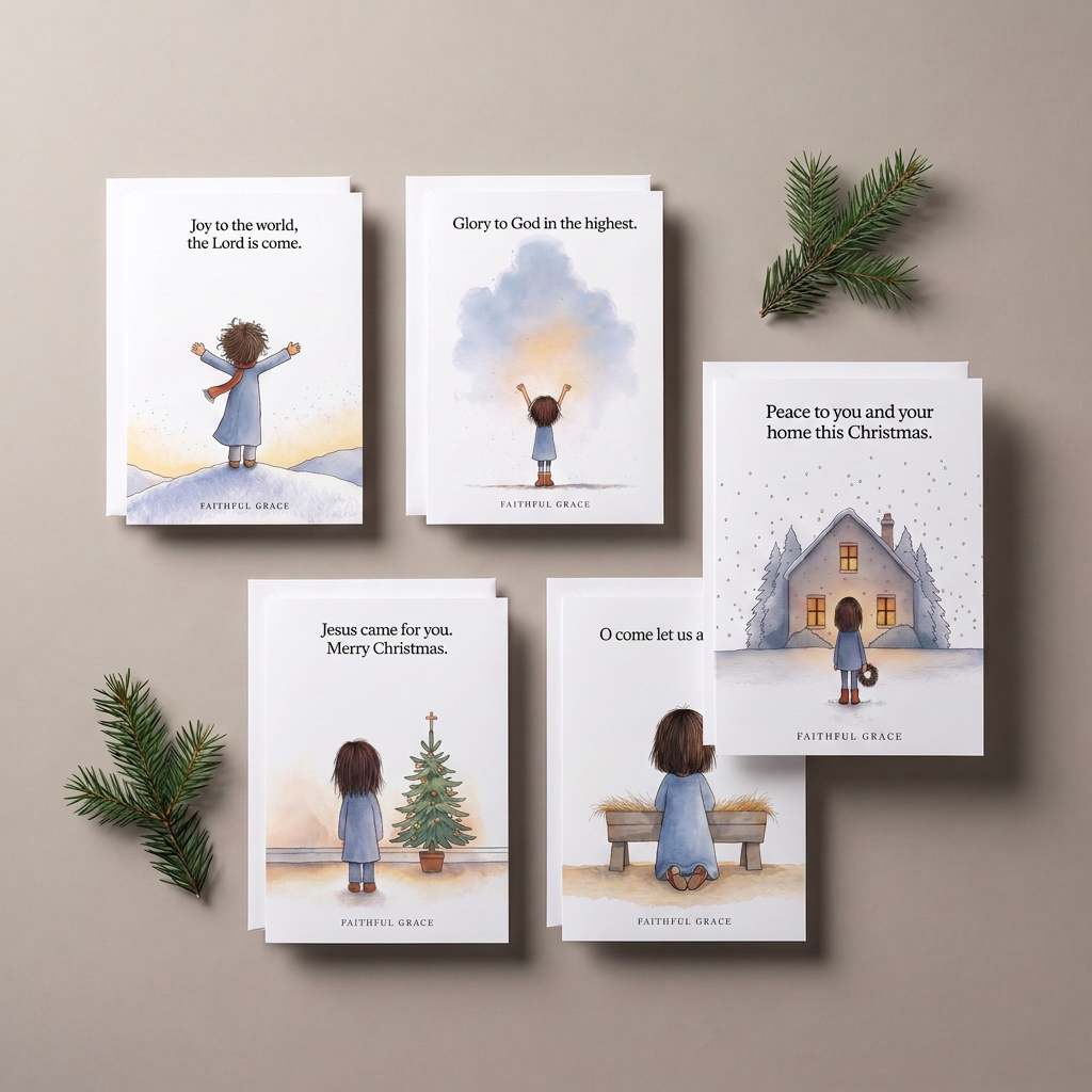 Five Faithful Grace Christmas cards laid out with fir sprigs