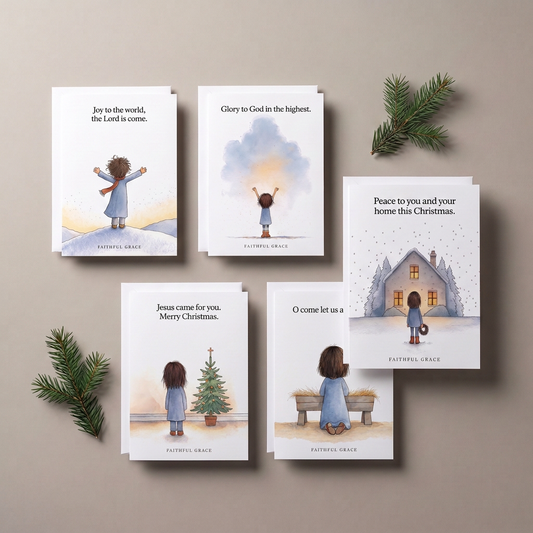 Five Faithful Grace Christmas cards laid out with fir sprigs