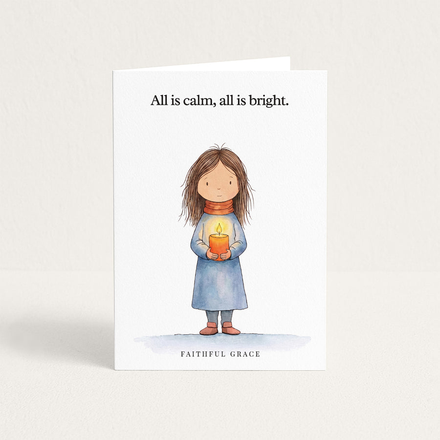 Christmas card reading "All is calm, all is bright."