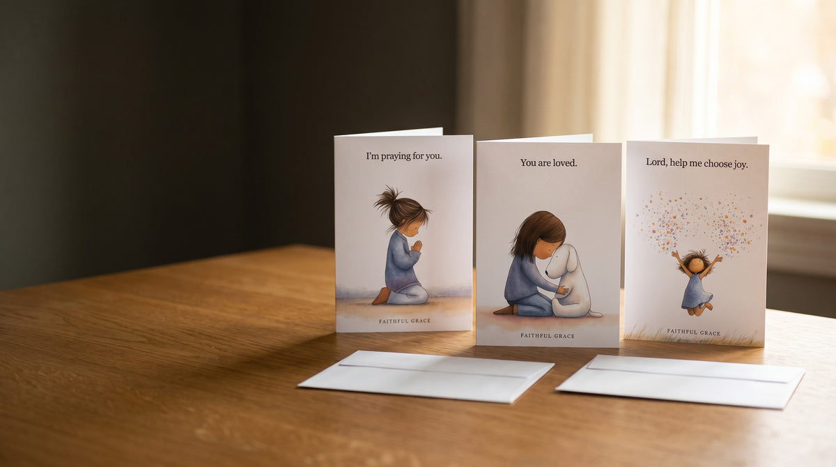 Three Faithful Grace greeting cards standing on an oak table in morning light