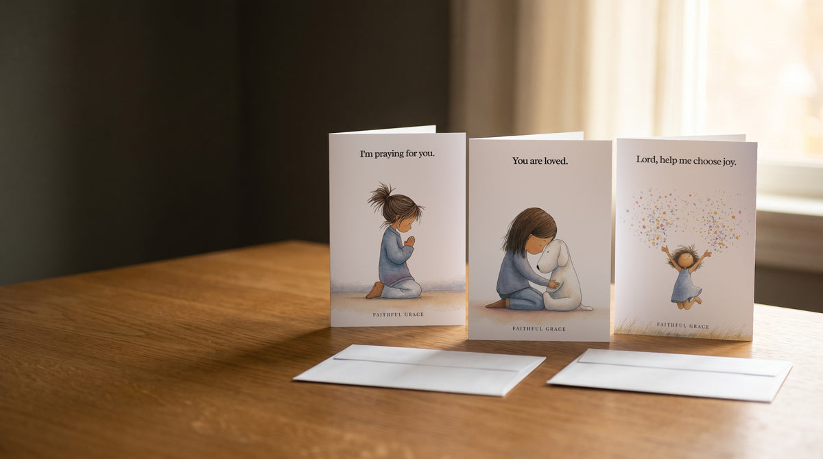 Three Faithful Grace greeting cards standing on a wooden table
