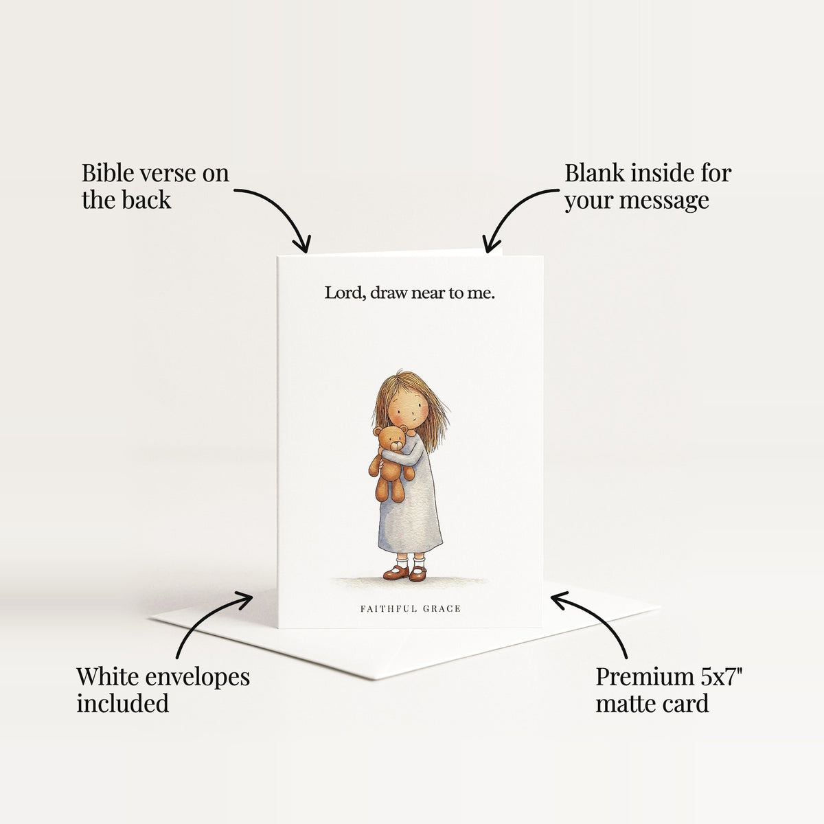 Bible verse on the back, blank inside for your message, premium 5x7 matte card, white envelopes included