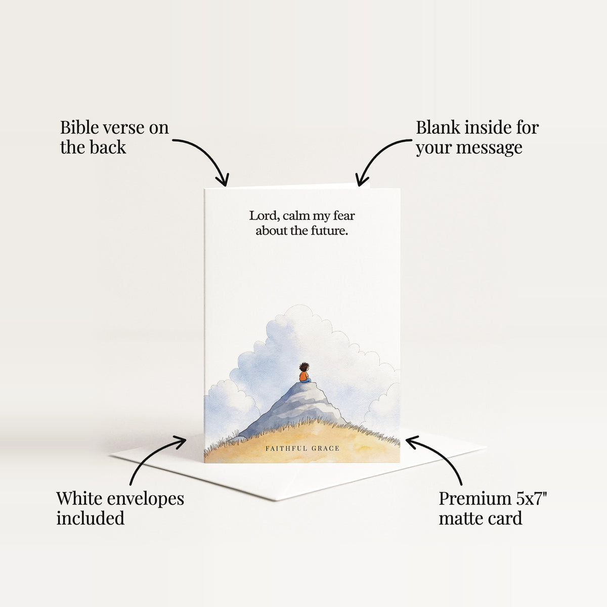 Bible verse on the back, blank inside for your message, premium 5x7 matte card, white envelopes included