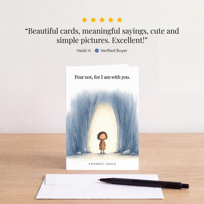 The For I am with you card on a table with a white envelope. Review: "Beautiful cards, meaningful sayings, cute and simple pictures. Excellent!" Heidi H.