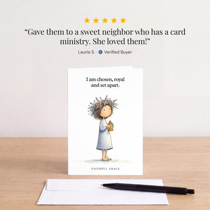 The Chosen, royal and set apart card on a table with a white envelope. Review: "Gave them to a sweet neighbor who has a card ministry. She loved them!" Laurie S.