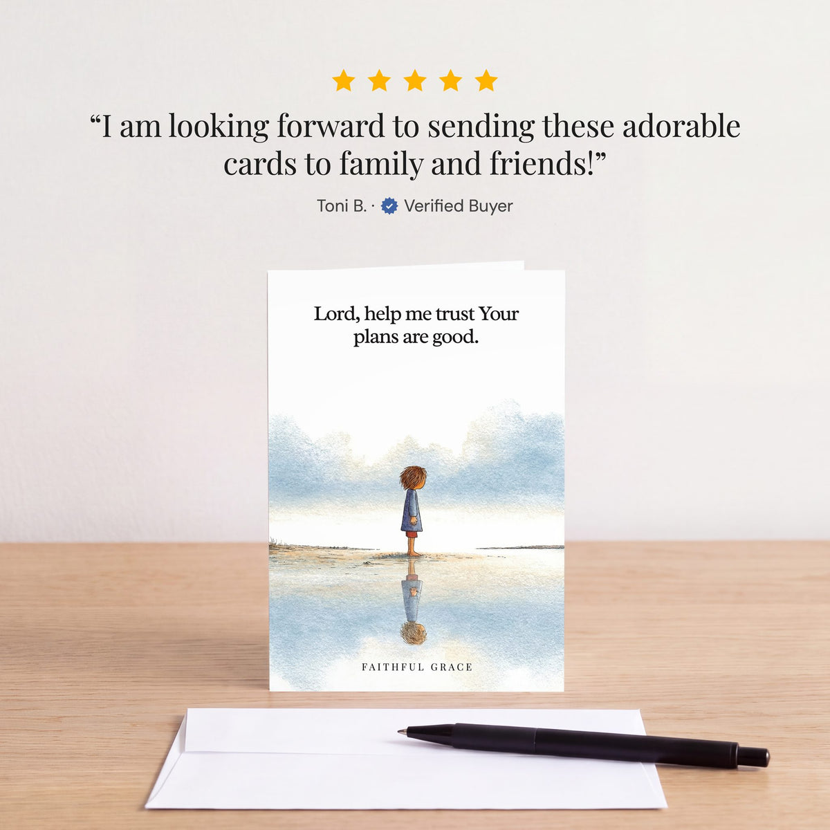 The Help me trust Your plans are good card on a table with a white envelope. Review: "I am looking forward to sending these adorable cards to family and friends!" Toni B.