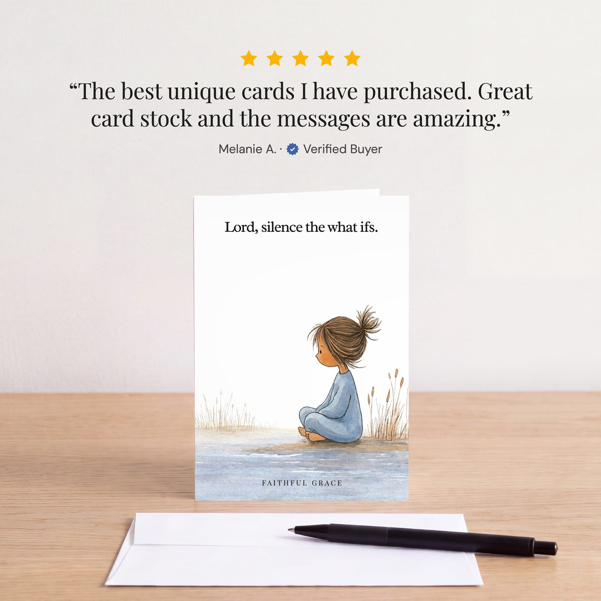 The Silence the what ifs card on a table with a white envelope. Review: "The best unique cards I have purchased. Great card stock and the messages are amazing." Melanie A.