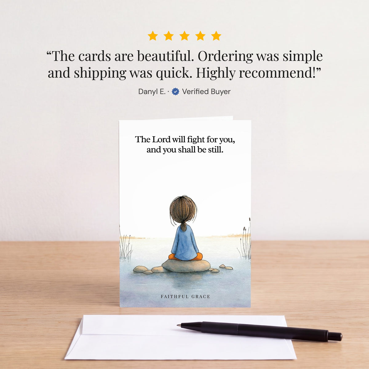 The The Lord will fight for you card on a table with a white envelope. Review: "The cards are beautiful. Ordering was simple and shipping was quick. Highly recommend!" Danyl E.