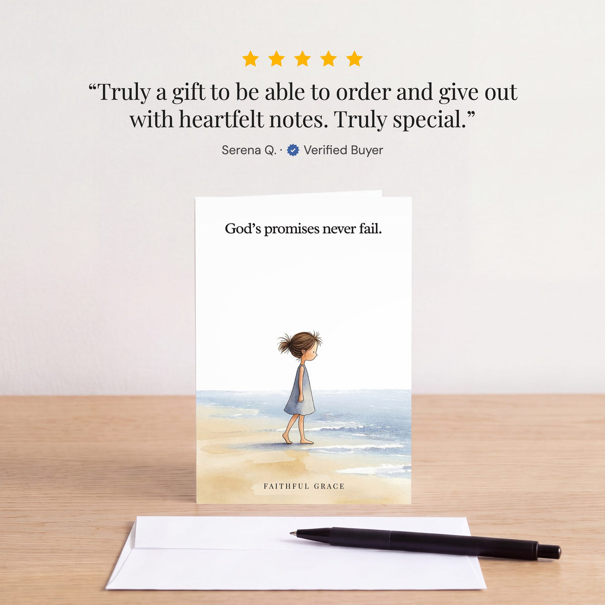 The God's promises never fail card on a table with a white envelope. Review: "Truly a gift to be able to order and give out with heartfelt notes. Truly special." Serena Q.