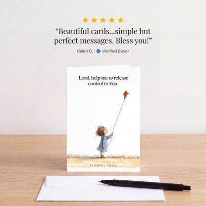 The Help me to release control card on a table with a white envelope. Review: "Beautiful cards...simple but perfect messages. Bless you!" Helen C.