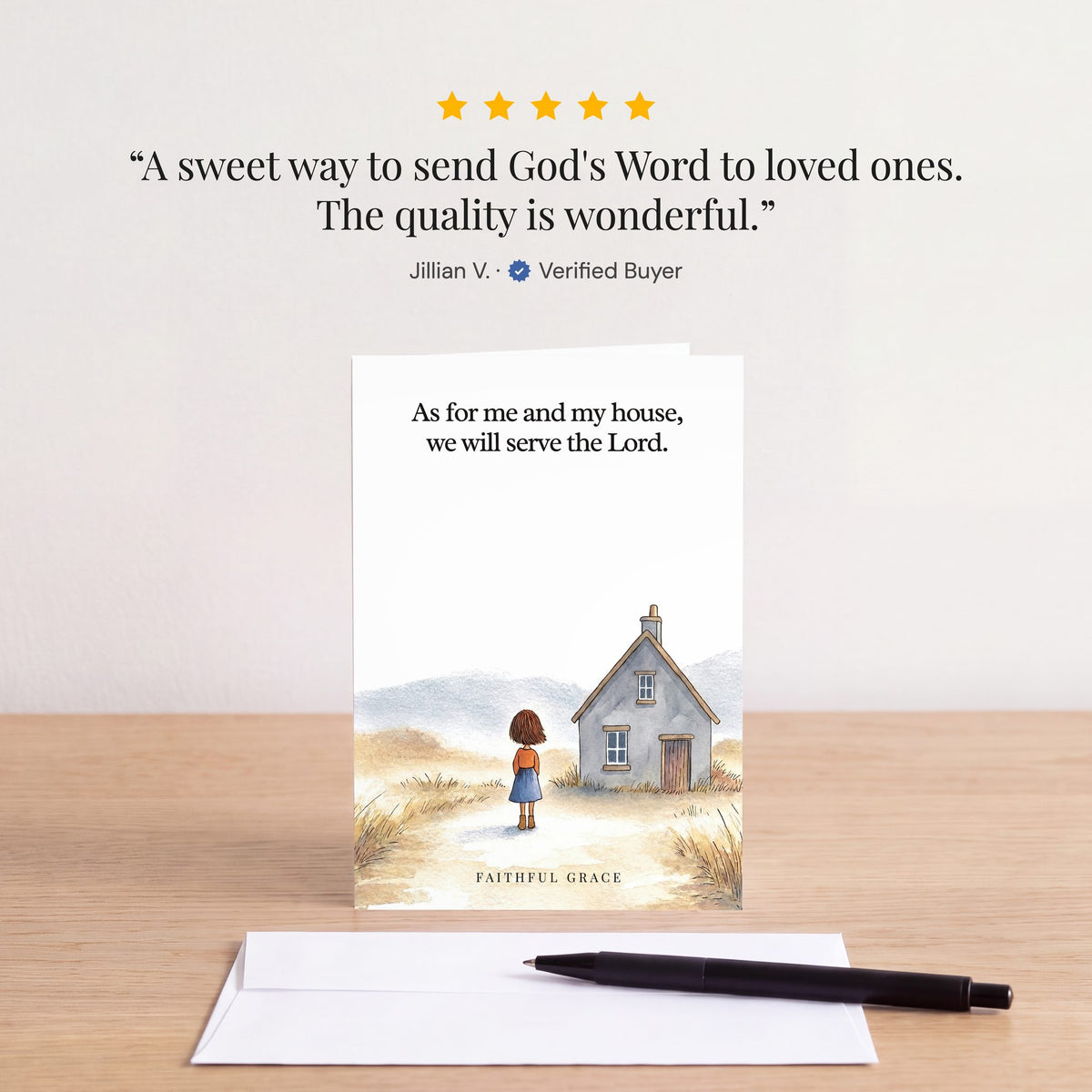 The We will serve the Lord card on a table with a white envelope. Review: "A sweet way to send God's Word to loved ones. The quality is wonderful." Jillian V.
