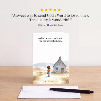 The We will serve the Lord card on a table with a white envelope. Review: "A sweet way to send God's Word to loved ones. The quality is wonderful." Jillian V.