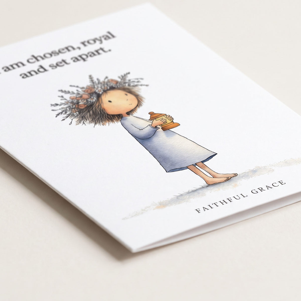 Close-up of the Chosen, royal and set apart card showing the smooth matte finish and fold