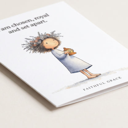 Close-up of the Chosen, royal and set apart card showing the smooth matte finish and fold