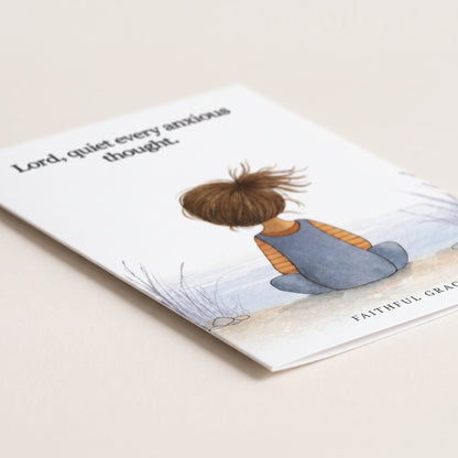 Close-up of the Quiet every anxious thought card showing the smooth matte finish and fold