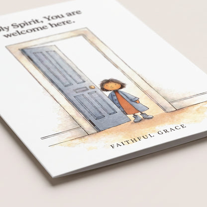 Close-up of the Holy Spirit, You are welcome here card showing the smooth matte finish and fold