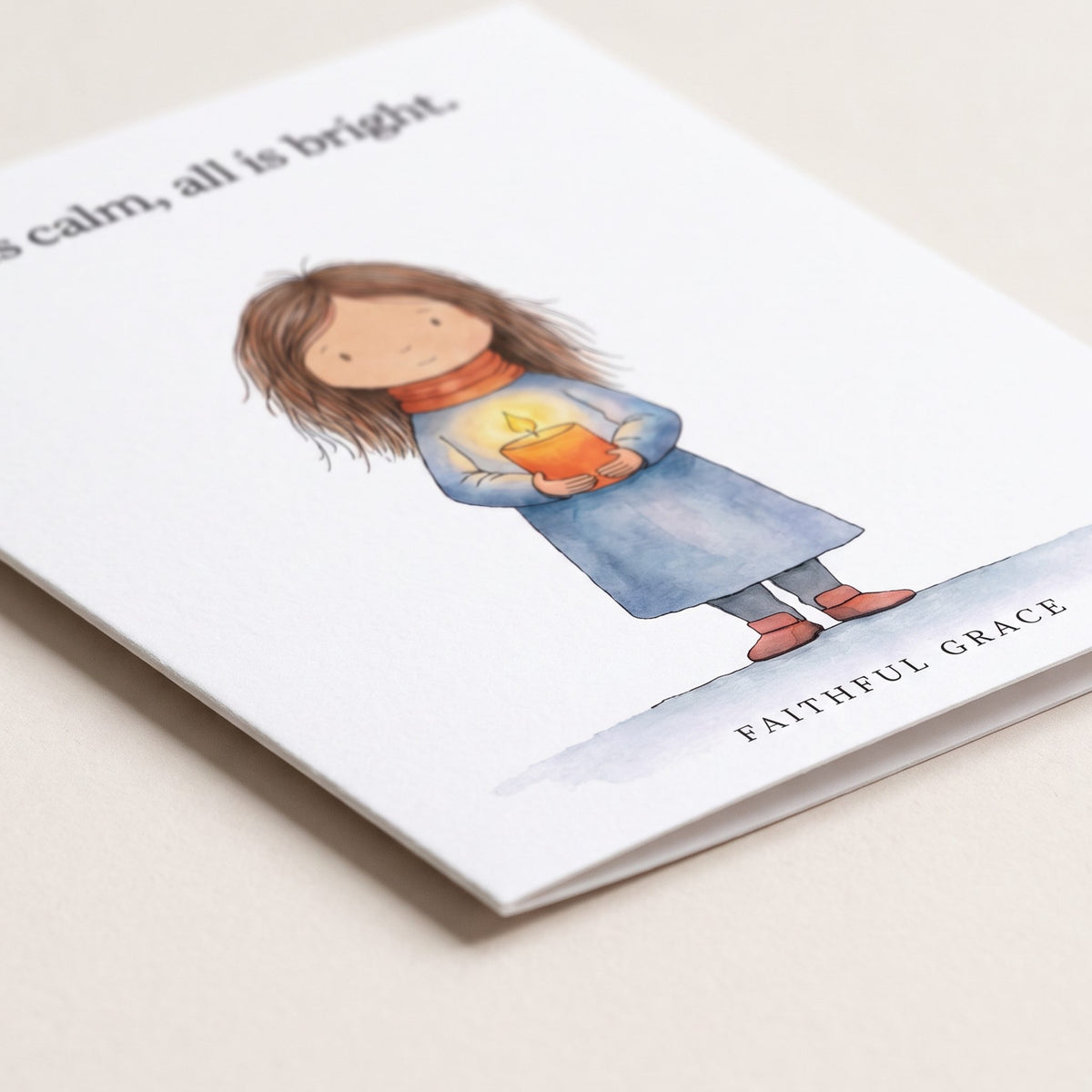 Close-up of the All is calm, all is bright card showing the smooth matte finish and fold