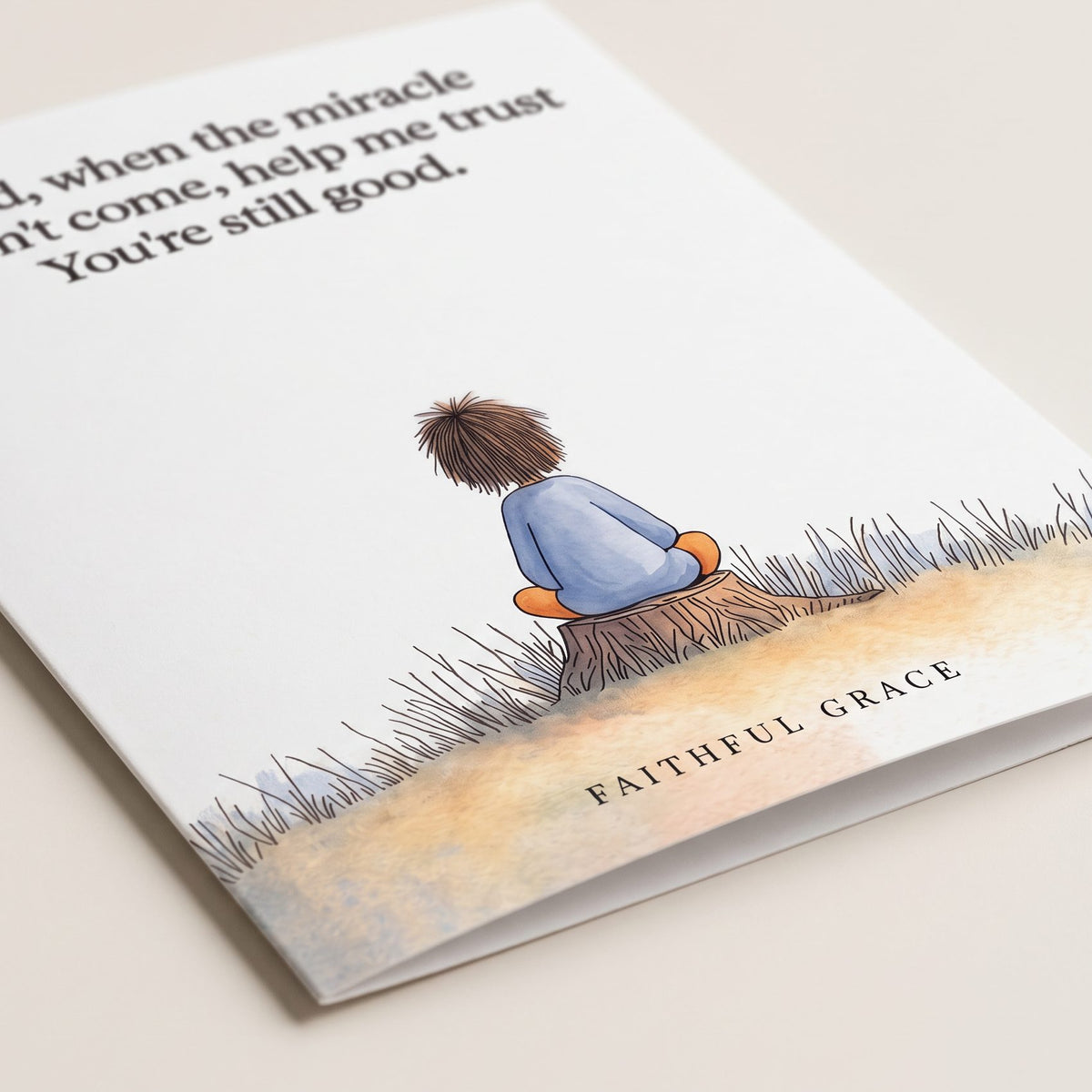 Close-up of the When the miracle doesn't come card showing the smooth matte finish and fold