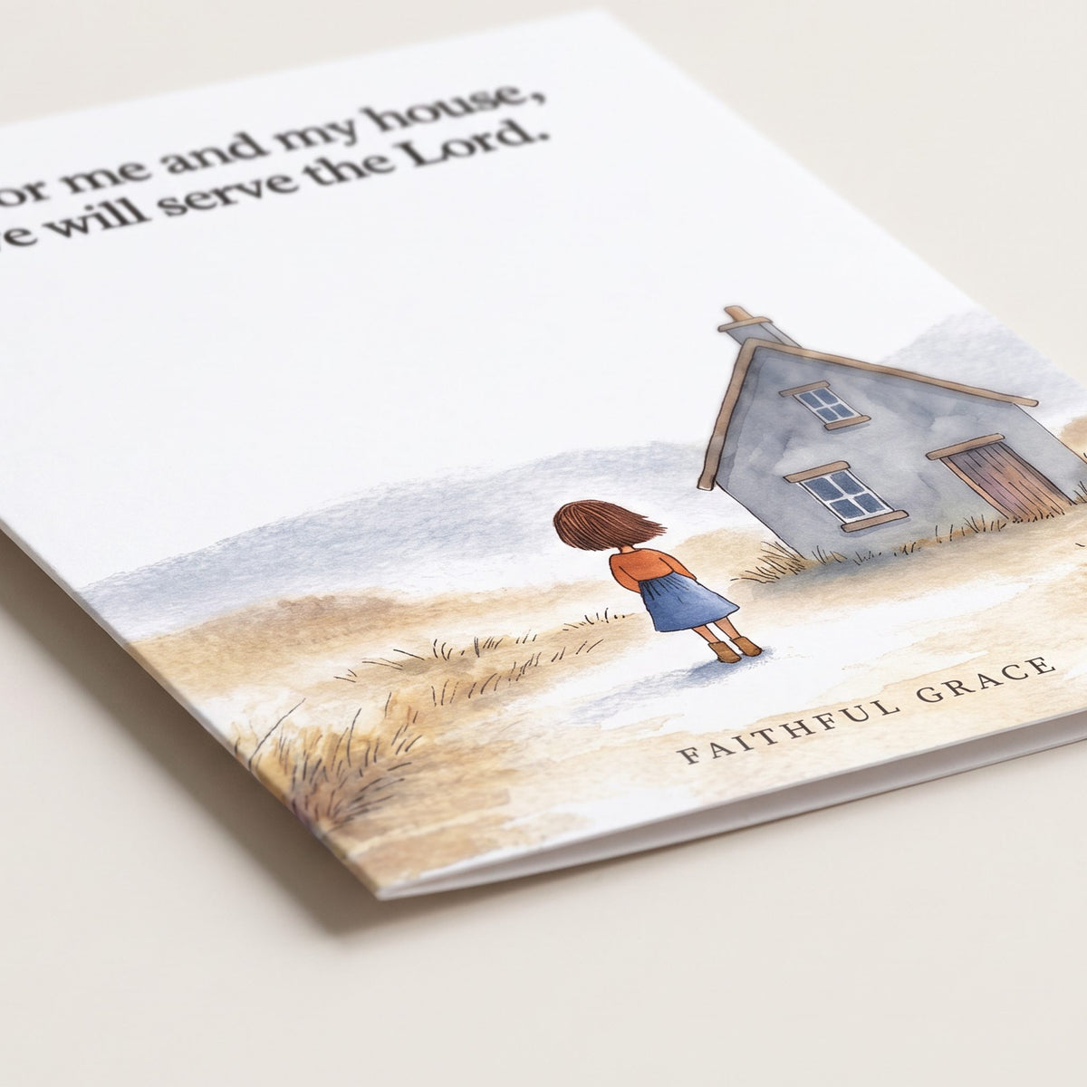 Close-up of the We will serve the Lord card showing the smooth matte finish and fold