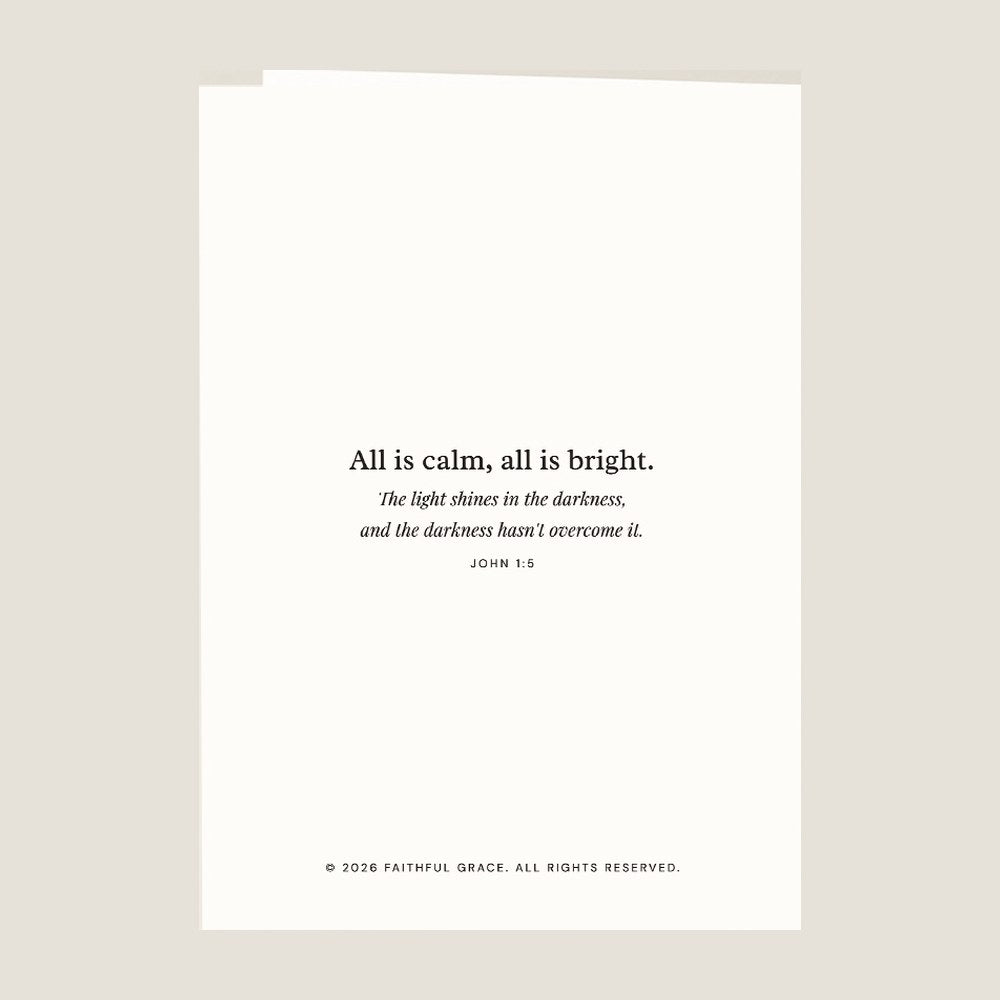 Back of the card, with the Bible verse behind All is calm, all is bright.