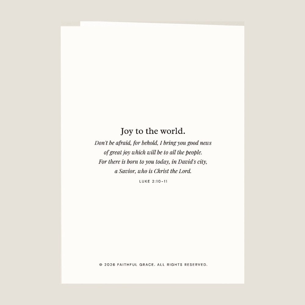 Back of the card, with the Bible verse behind Joy to the world, the Lord is come.