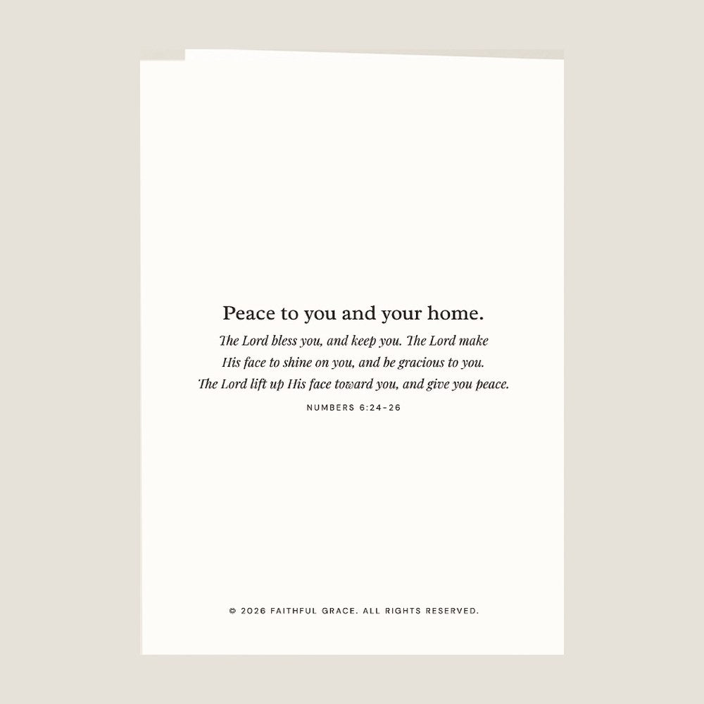 Back of the card, with the Bible verse behind Peace to you and your home this Christmas.